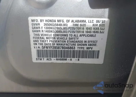 2007 Honda Pilot Ex-L z USA, uszkodzony, nr VIN 5FNYF28587B046863